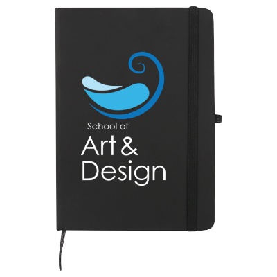 Black paper journal with custom multi-colored logo.