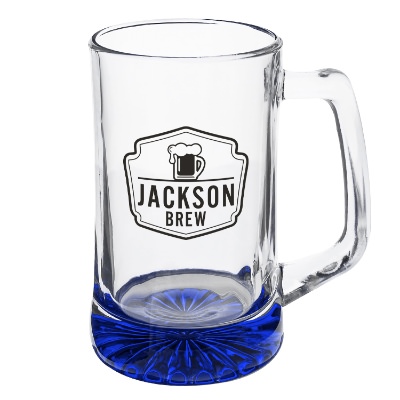 Blue beer mug with custom logo.