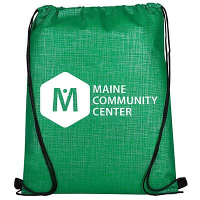Non-woven polypropylene green crosshatch bag with branded logo.