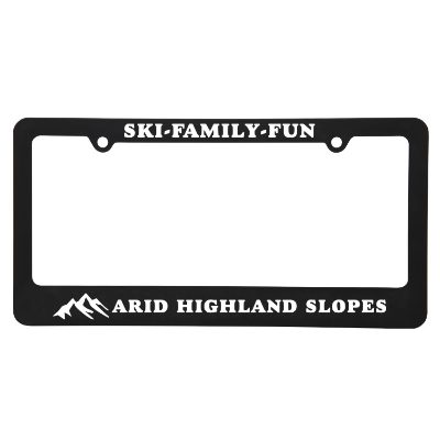 Blue license plate frame with two holes with custom printeed logo.