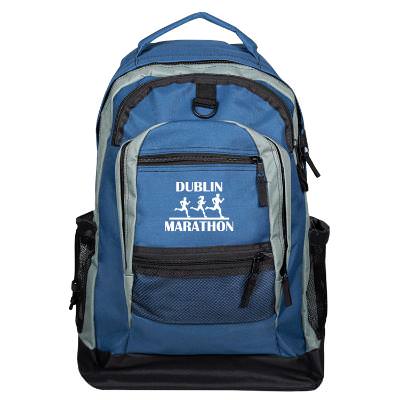 Blue deluxe backpack with custom logo.