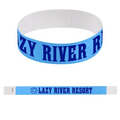 Blue paper wristband branded with a logo.