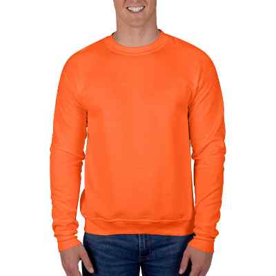 Blank safety orange crewneck sweatshirt.