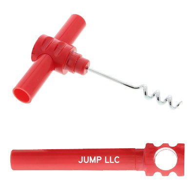 Red plastic case/handle with metal corkscrew with custom promotional imprint.