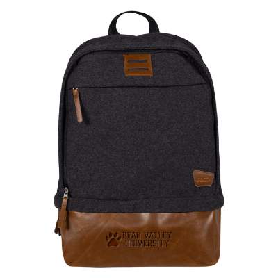 Wool polyester blend charcoal backpack with debossed logo.