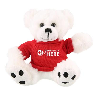 Plush and cotton brown bear with red shirt with branded imprint.