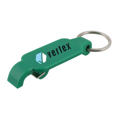 Plastic green slim keychain bottle opener with full color imprint.