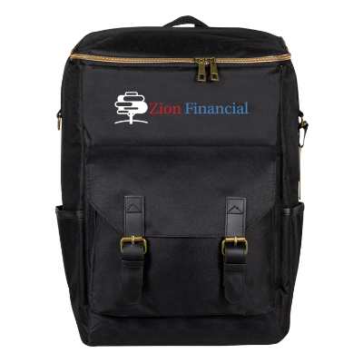 Black backpack cooler with full-color logo.