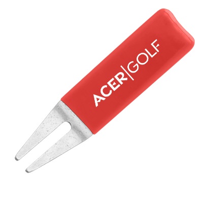 Stainless steal rubber golf divot tool with custom promotional imprint.