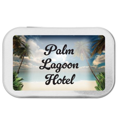 Silver personalized micromints rectangular full color tin.