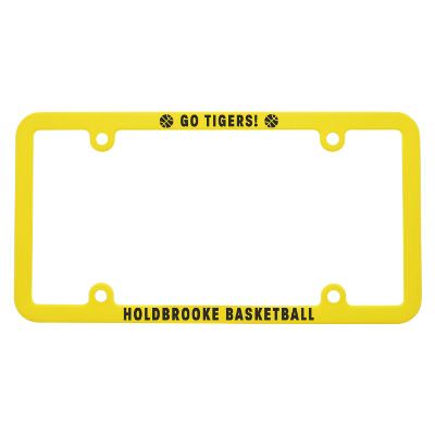 Blue license plate frame with custom promotional logo.