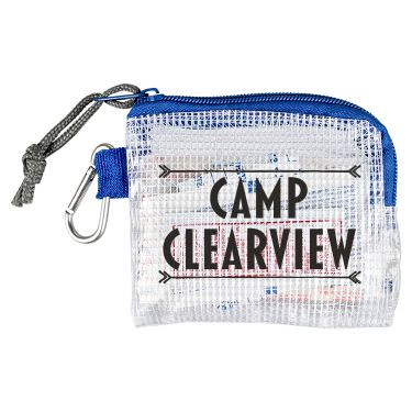 Mesh blue first aid kit with a customized logo.