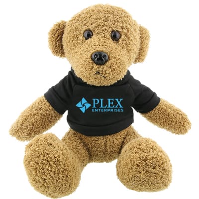 Plush and cotton bear with black shirt with branded logo.