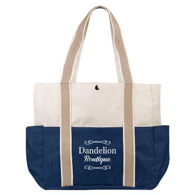 Polyester navy tri-color traveler tote with customized logo.