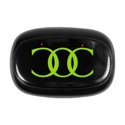 Black plastic earbuds with a customized logo.