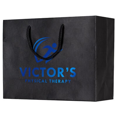 Textured paper 13x10 inch black eurotote with foil logo.