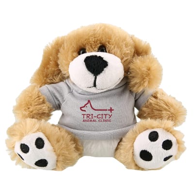 Plush and cotton dog with heather gray shirt with branded imprint.