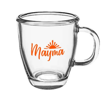 Clear coffee mug with custom logo.