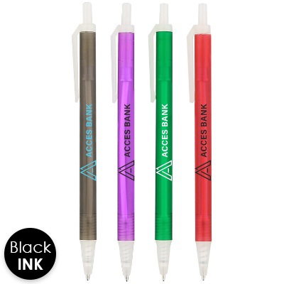 Translucent colorful pen with branded imprint.