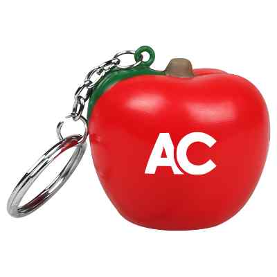 Foam apple stress ball keychain with a personalized logo.