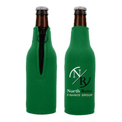 Neoprene bottle cooler with full-color custom logo.