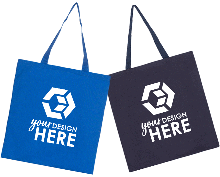 Blue custom canvas tote bags with white imprint and navy blue custom canvas bags with white imprint