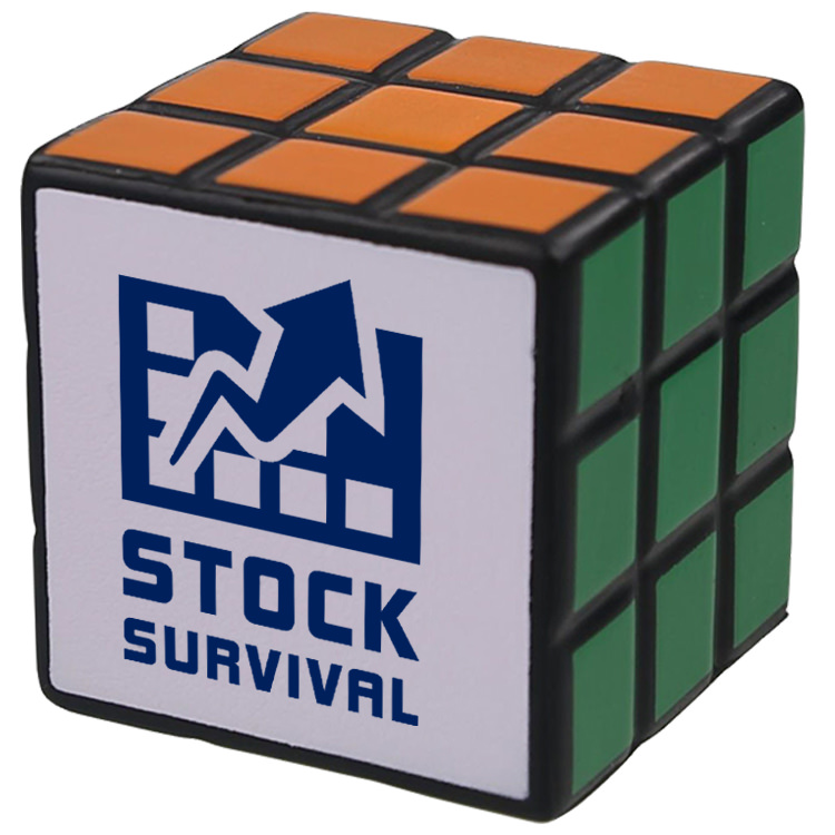 Foam Rubik's cube stress reliever with a custom imprinted logo.
