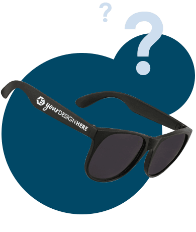 Black promotional sunglasses with white imprint