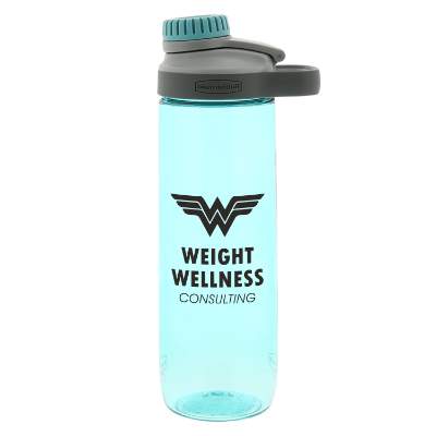 Plastic blue water bottle with custom logo in 24 ounces.