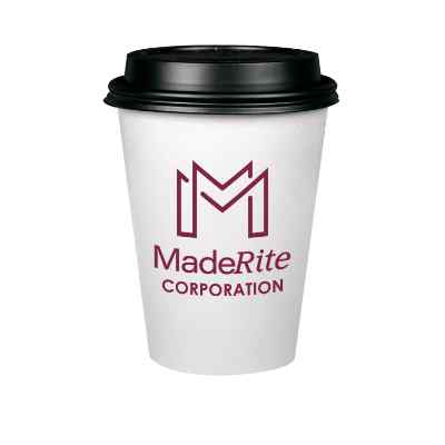 White paper cup with custom branding and black lid in 12 ounces.