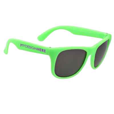 Polypropylene resin neon blue malibu sunglasses with printed logo.