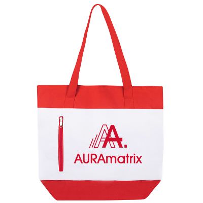 Polyester red flashy color tote with customized imprint.
