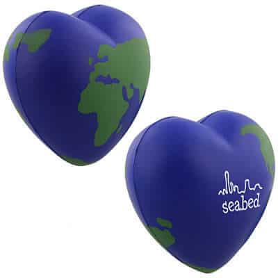 Foam earth heart stress ball with personalized logo.