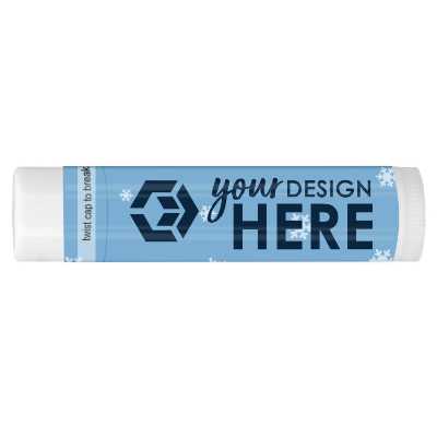 White background promotional lip balm with blue snowflakes.