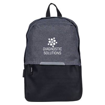 Gray and black backpack with custom logo.