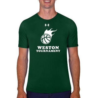 Custom logo on forest green with white t-shirt.
