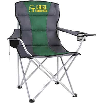 Customized charcoal with green strip folding chair with bottle opener and branded carrying bag.