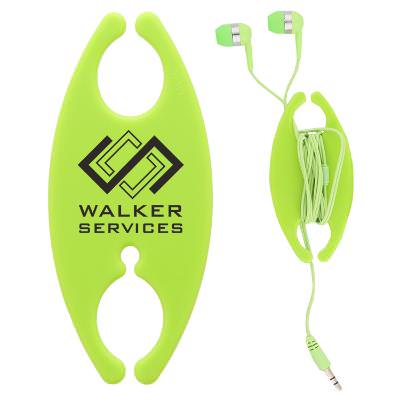 Plastic lime green earbuds with cable wrap with custom imprint.