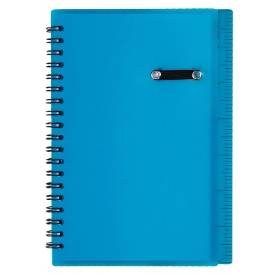 Blue ruler notebook with pen holder.