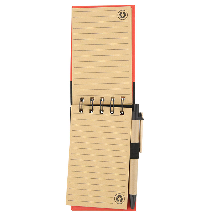 Cardboard and paper mini jotter with pen.