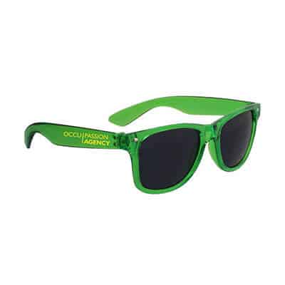 Plastic green translucent frames maui sunglasses with custom logo.