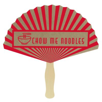 Paper brown hand fan with a personalized imprint.