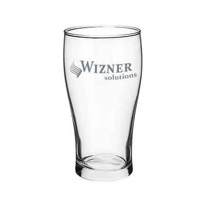 Glass clear beer glass with custom imprint in 16 ounces.