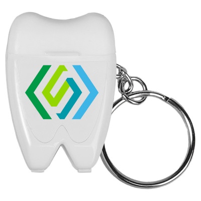 White plastic dental floss with a custom logo.