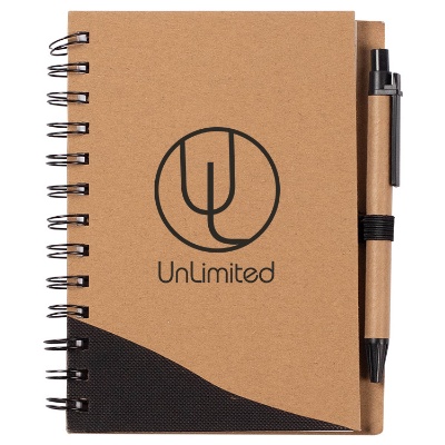 Customized black recycled notebook with pen.