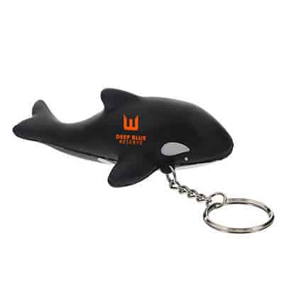 Foam killer whale stress reliever key ring branded with logo.