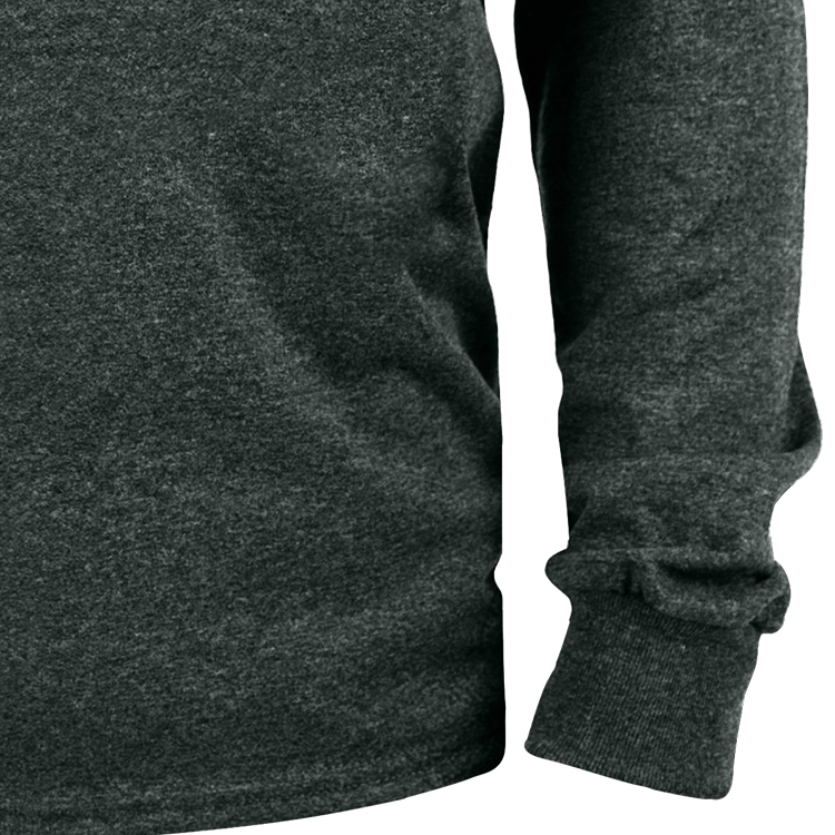 Dark heather imprinted custom logoed long sleeve shirt.