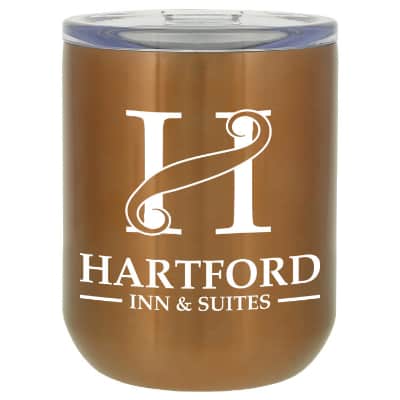 Stainless steel copper tumbler with custom imprint in 10 ounces.
