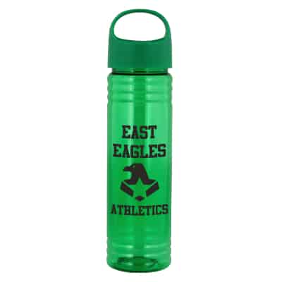 Plastic green water bottle with oval crest lid and imprint in 24 ounces.