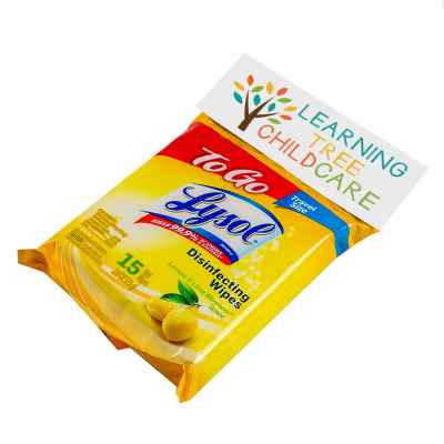 Yellow Lysol wipes with a personalized logo.
